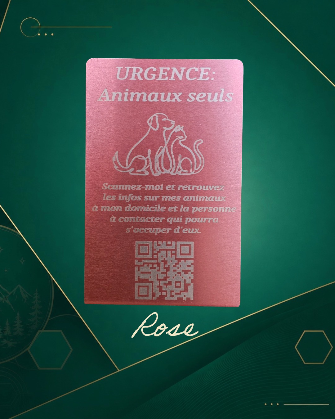 Carte Urgence Animaux coloris rose gravée laser — Signature Animale